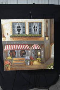 lot 228 image: Poulettes Cafe Painting - Parisian Street Cafe Scene on Canvas
