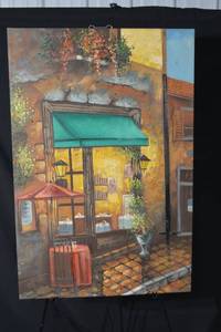 lot 229 image: Painting - Mediterranean Street Caf Scene with Green Awning