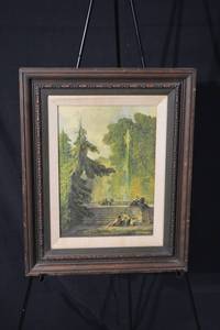 lot 231 image: Framed Landscape Art Print - Ornate Dark Wood Frame - Linen Mat