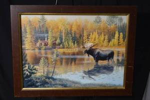 lot 232 image: Jim Kasper Moose in Autumn Lake Landscape - Framed Painting