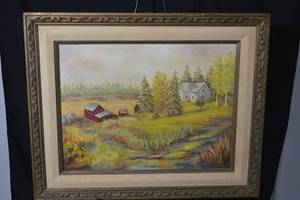 lot 233 image: Rural Landscape Oil Painting - Framed with Barns & House, Autumn Scene
