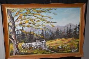lot 234 image: Landscape Painting - Autumn Scene with Vintage Wagon - Framed Wall Art