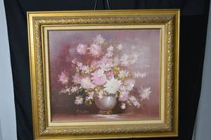 lot 236 image: J. Ferrer Floral Still Life - Pink & White Chrysanthemums in Vase, Ornate Gold Frame