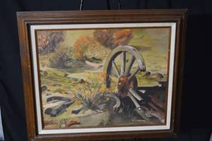 lot 239 image: Betty Bryant Landscape Painting - Framed Wagon Wheel Autumn Scene