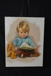 lot 240 image: Vintage Child Reading with Dog - Framed Canvas Print Artwork for Nursery & Childrens Rooms
