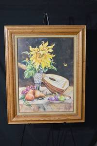 lot 241 image: Sunflower Still Life Framed Print with Vase, Pears & Stringed Instrument