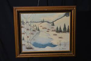 lot 243 image: Winter Landscape Painting - Snowy Hills, Birch & Pine Trees - Framed Artwork