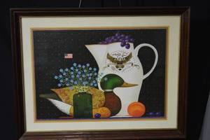 lot 246 image: Framed Duck & Pitcher Still-Life Artwork - Farmhouse Kitchen Wall Art