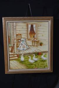lot 247 image: Framed Cottage Porch Scene Painting with Geese - Signature GENNER