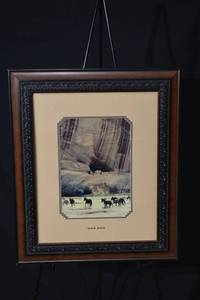 lot 249 image: Horse Scene Framed Print - Snowy Landscape with Horses, Signed