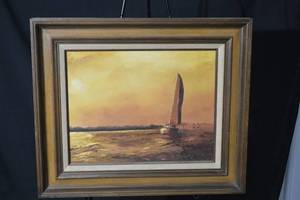 lot 250 image: Sunset Sailboat Oil Painting - Framed Landscape, 14 x 18 in
