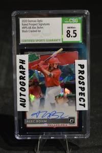 lot 163 image: Donruss Optic Rated Prospect Signatures Alec Bohm Black Cracked Ice Auto - CSG 8.5