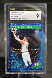 lot 190 image: Jayson Tatum 2018-19 Donruss Optic Blue Velocity RC #76 Celtics Card
