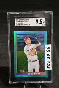 lot 287 image: Mike Trout 2021 Bowman Chrome Aqua Refractor 73125 - SGC 9.5 Baseball Card