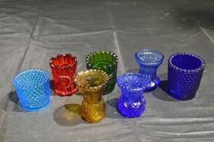 lot 335 image: Hobnail Colored Glass Tumblers - 7-Piece Carnival Glass Set