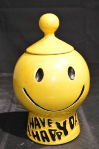lot 336 image: Yellow Smiley Face Ceramic Jar with Lid - Have a Happy Day