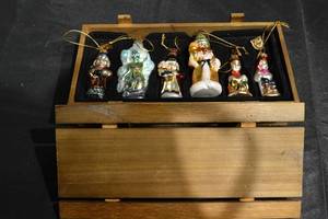 lot 341 image: Glass Christmas Ornaments - Santa & Festive Figures in Wooden Box (Lot of 6)