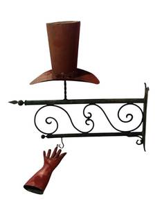 lot 35C image: LL - Antique Wrought Iron Business Sign with Decorative Top Hat & Glove