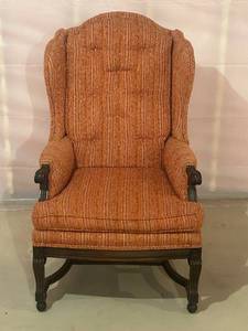 lot 42C image: LL - Vintage Hendredon Wingback Armchair - Orange Stripe Upholstery on Carved Wood Frame