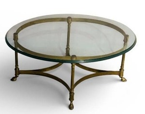 lot 44C image: LL - Vintage Hollywood Regency Style Brass & Glass Round Coffee Table with Hoof Feet