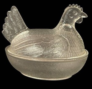 lot 216C image: LL - Vintage Glass Hen on Nest Dish - Clear Frosted Poultry Decorative Bowl