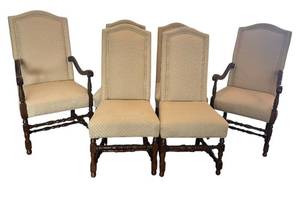 lot 20R image: DR - Set of Six Vintage Dining Chairs with Beige Upholstery and Dark Wood Turned Legs