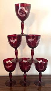 lot 39R image: LR - Vintage Bohemian Cut-to-Clear Cranberry Crystal Wine Glasses