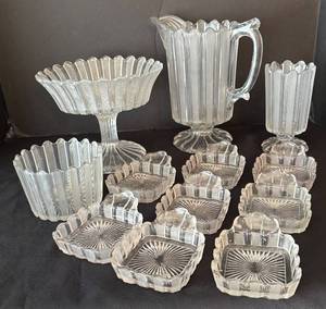 lot 82R image: LR - Vintage Bakewell Frosted Ribbon Glassware Set - Pitcher, Compote, Bowl and Dishes