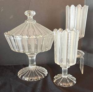 lot 95K image: Bakewell Ribbon Pedestal Compote with Lid & 2 Ribbed Vases