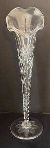 lot 123R image: LR - Vintage Crystal Trumpet Vase with Etched Design and Ruffled Rim
