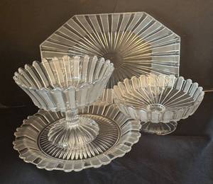 lot 127R image: LR - Vintage Bakewell Ribbon Pattern Glass - Platters, Compote & Bowl