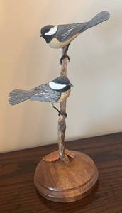 lot 128R image: DR - Hand Carved and Painted Wooden Chickadee Birds on Branch Figurine by FT