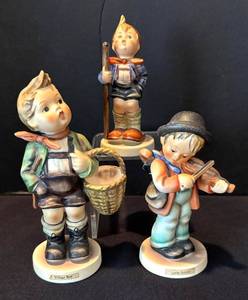 lot 196R image: K - Hummel Village Boy, Little Fiddler & Little Hiker Figurines - Vintage Goebel W. Germany