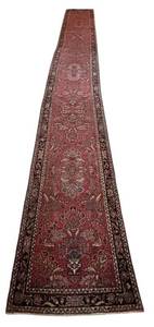 lot 242R image: LR - Vintage Runner Rug with Red Oriental Floral Medallion Pattern