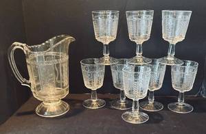 lot 262R image: K - Antique Forget-Me-Not Paneled Vintage Stemware and Pitcher