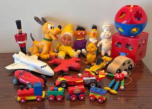 lot 278R image: LR - Vintage Toy Lot Bert & Ernie Plush, Pluto Dog, Nutcracker Soldier, Shape Sorter, Wooden Trains and More