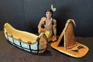lot 291R image: KLR - Native American Decor Set - Hand-Painted Canoe, Figurine & Teepee