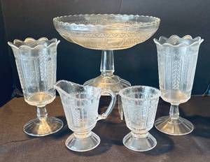 lot 294R image: LR - Vintage Bryce Brothers Forget-Me-Not Glassware - Compote, 2 Vases, Creamer, Pitcher and Sugar Dish