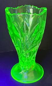 lot 445R image: K - Vintage Uranium Glass Vase with Scalloped Rim and Leaf Pattern