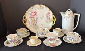 lot 462R image: LRBR - Vintage Porcelain Platter, Pot and Teacups with Saucers by Belleek, Noritake, Royal Albert, Lenox and More