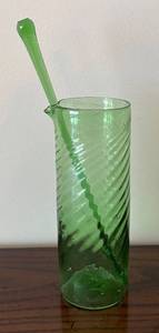 lot 477R image: K - Vintage Green Glass Cocktail Mixer with Spiral Rib Pattern & Spoon