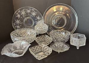 lot 506R image: BR - Assorted Vintage Crystal Glass Serving Set - Floral-Etched Platters & Diamond-Cut Bowls and More