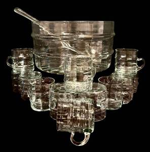 lot 66H image: LL - Vintage Clear Glass Punch Bowl Set with 12 Mugs & Ladle
