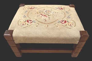 lot 67H image: LL - Vintage Arts and Crafts Style Wooden Foot Stool - Floral Needlepoint Upholstery