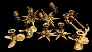 lot 69H image: LL - Vintage Brass Starburst Candle Holders Set of 2 & Pen Holder