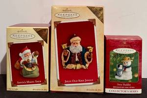 lot 141H image: LL - Hallmark Keepsake Ornaments - Santas Magic Sack, Jolly Old Kris Jingle & Snow Buddies - 6 inches tall