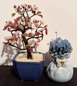 lot 144H image: LL - Pink Blossom Bonsai Tree in Blue Pot & Beaded Vase Set - 8-Inch Tall Tree