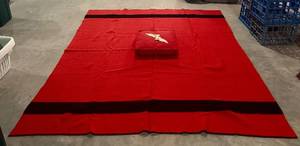 lot 155H image: LL - Vintage Red Wool Blanket with Black Stripes and Pillow