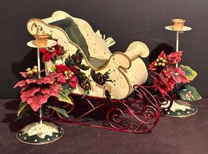 lot 341H image: LL - Roman, Inc. Christmas Metal Sleigh with 2 Candle Holders -