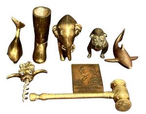 lot 344H image: LL - Vintage BrassBronze Animal Figurines with Corkscrew Hammer - Elephant, Dog & Shark